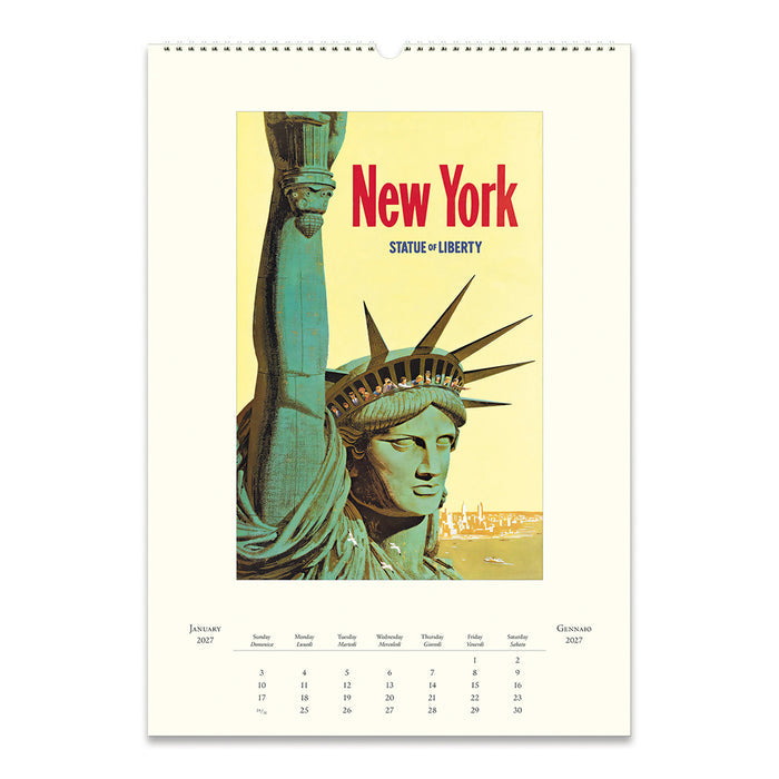 A spiral-bound New York city calendar page featuring a vintage-style Statue of Liberty illustration with the words 'New York' and 'Statue of Liberty' on a cream background.