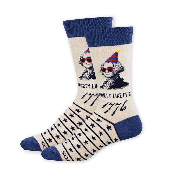 Socks with a design of Thomas Jefferson wearing sunglasses and a party hat, with text 'Party Like It's 1776' on a white background.