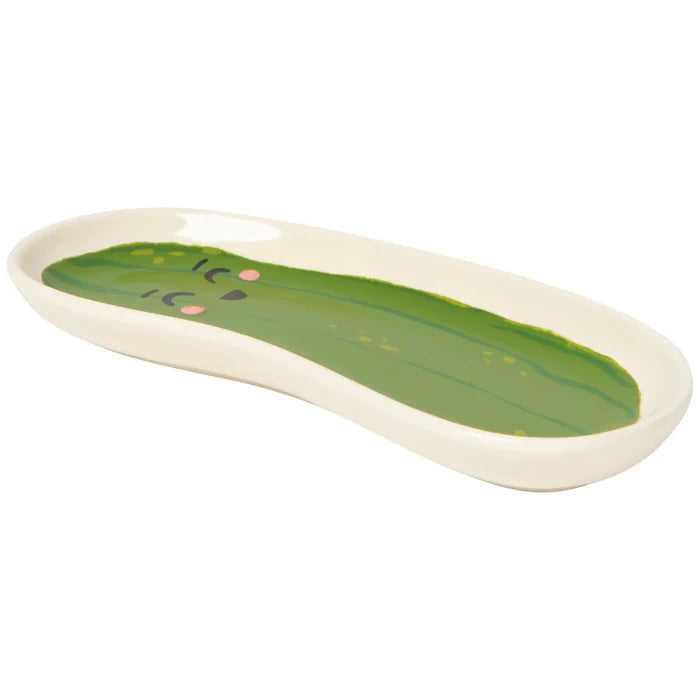 Pickle-shaped tray with green top and white base on a white background