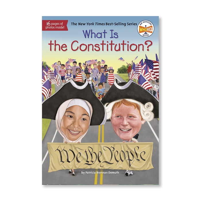 Book cover of 'What Is the Constitution?' with two children holding a banner and American flags in the background.