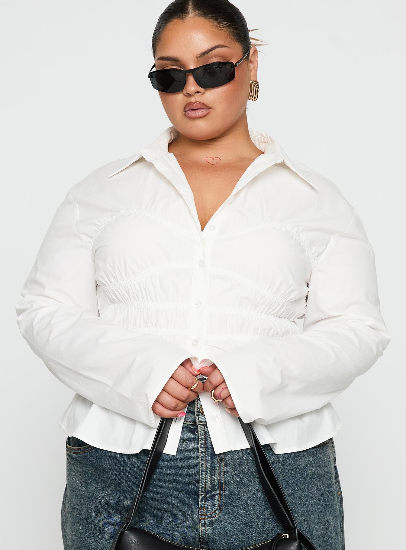 Liesel Shirred Long Sleeve Top White Curve