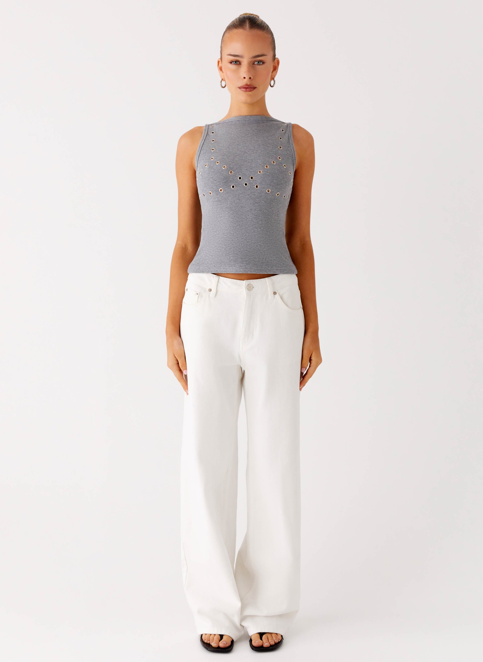 Drop Top Ribbed Eyelet Tank Top - Marle Grey