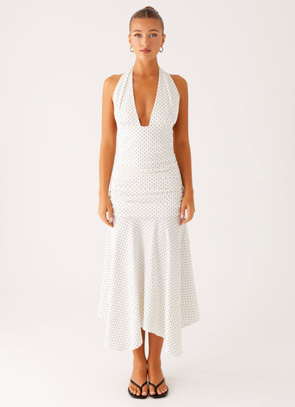 Grettana Halter Neck Midi Dress - White Polka Dot