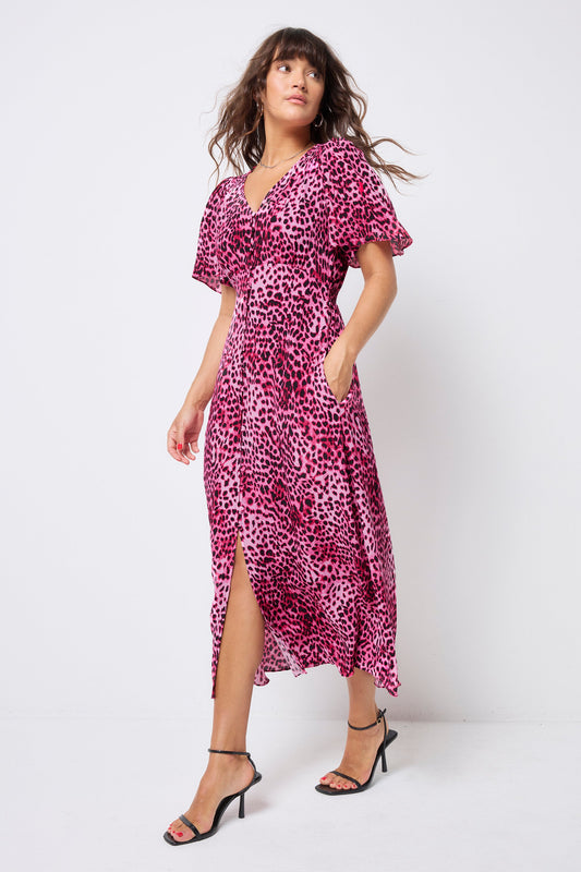 Bright Pink with Black Cheetah Angel Sleeve Midi Tea Dress
