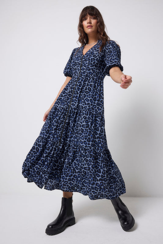 Navy Jaguar Zip Front Midi Tiered Dress