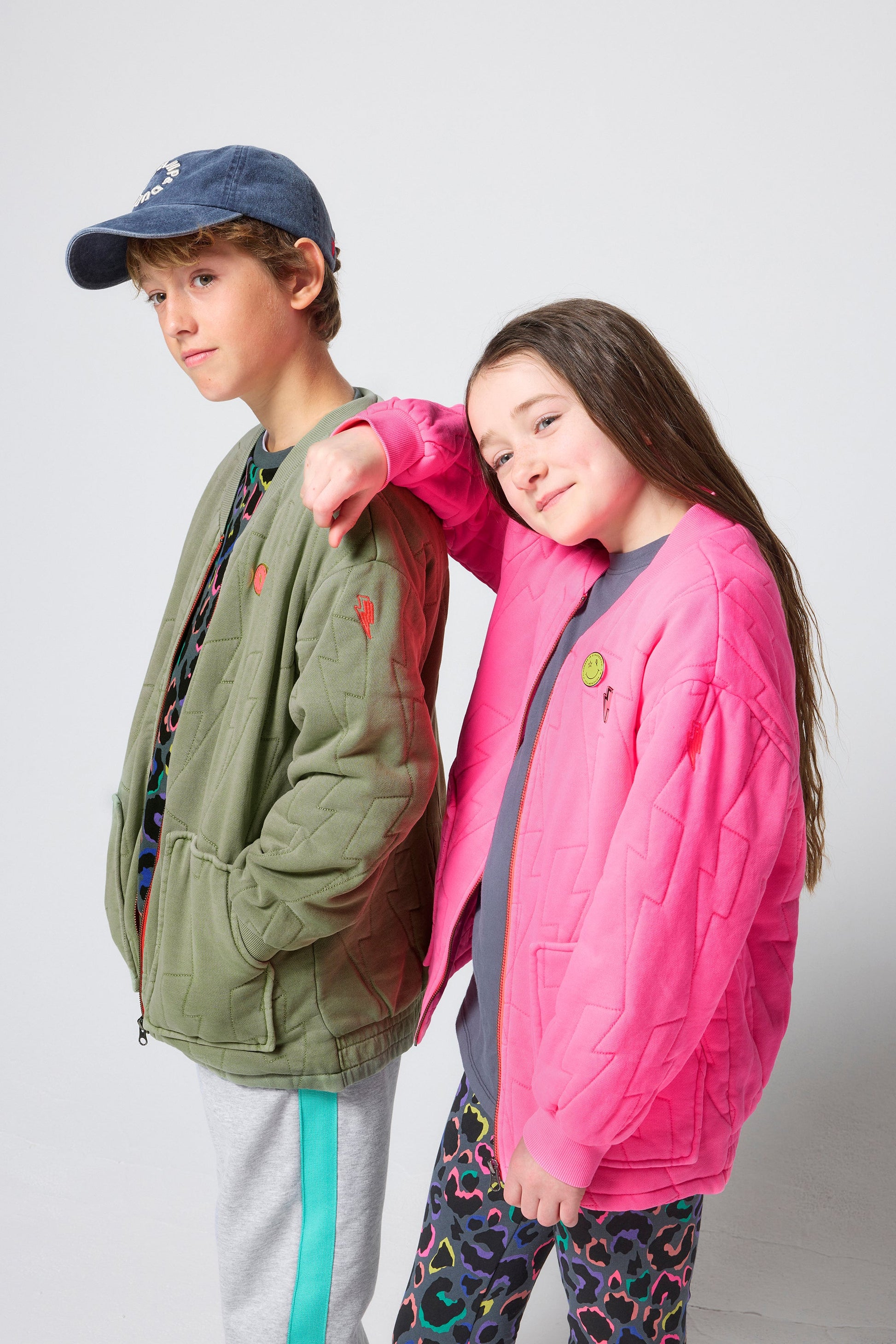 Kids Neon Pink Lightning Bolt Quilted Bomber Jacket