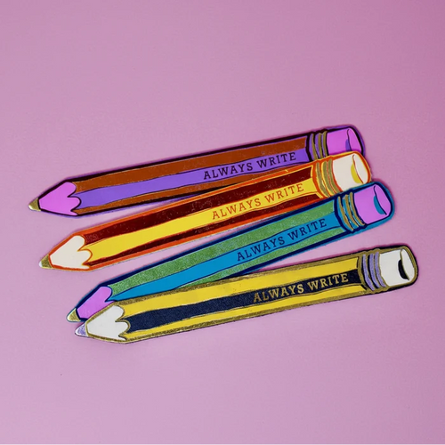 Colorful pencil-shaped bookmarks with 'Always Write' text on a pink background