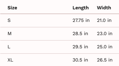 Table displaying dimensions of clothing sizes.

Size S: Length 27.75 in, Width 21.0 in
Size M: Length 28.5 in, Width 23.0 in
Size L: Length 29.5 in, Width 25.0 in
Size XL: Length 30.5 in, Width 26.5 in