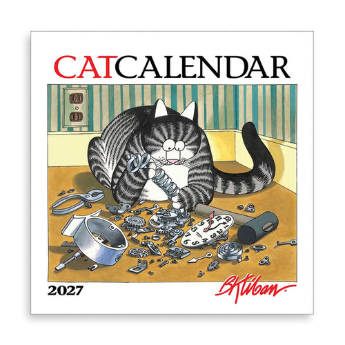 A square 2027 wall calendar titled 'CAT CALENDAR' featuring a cartoon illustration of a gray tabby cat surrounded by exposed mechanical parts on a floor, with a striped wall in the background. The title is in red and black text at the top, and '2027' appears at the bottom left.