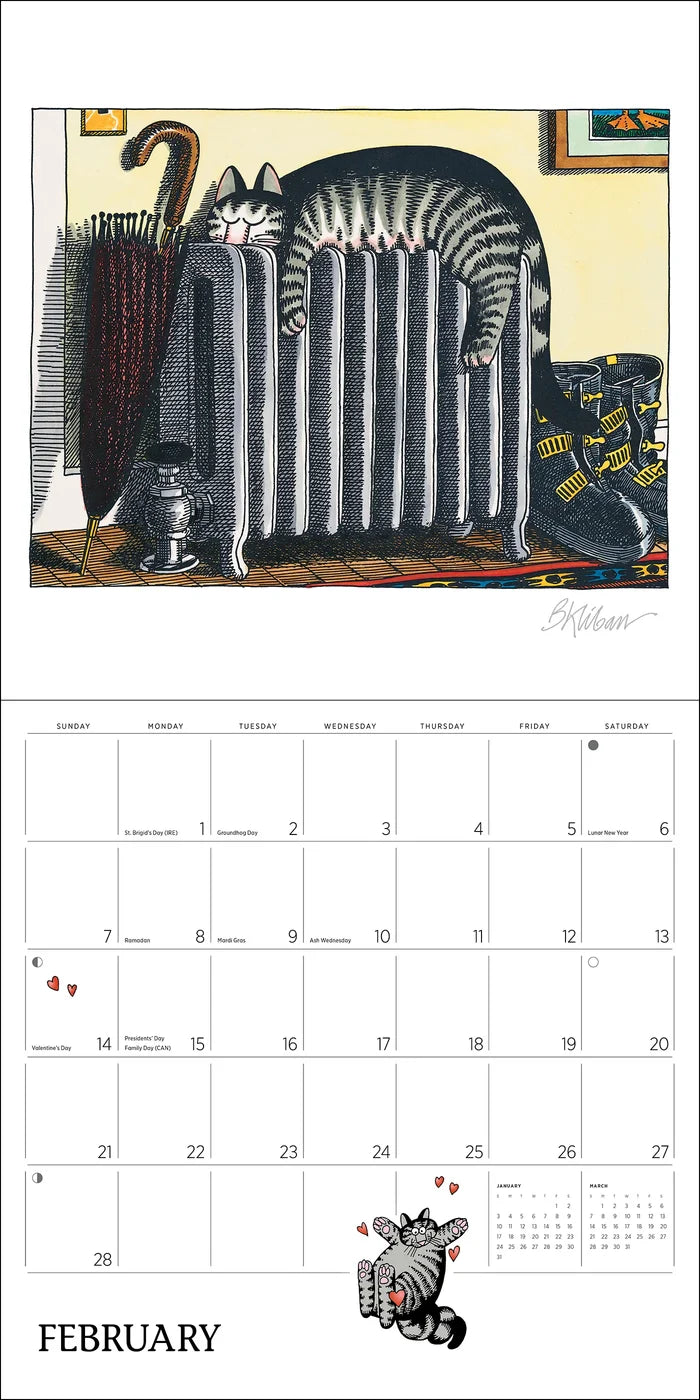 Calendar page for February with a vintage-style illustration of a cat and radiator.