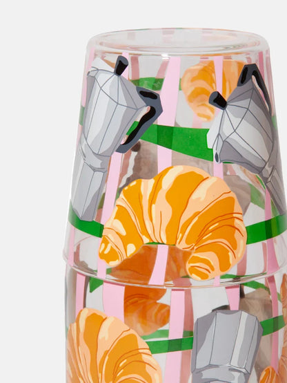 Close up of the illustration of croissants and grey moka pots.