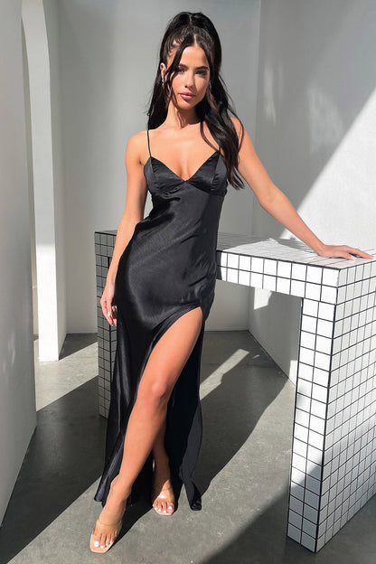 Jennifer Satin Maxi Dress - Black