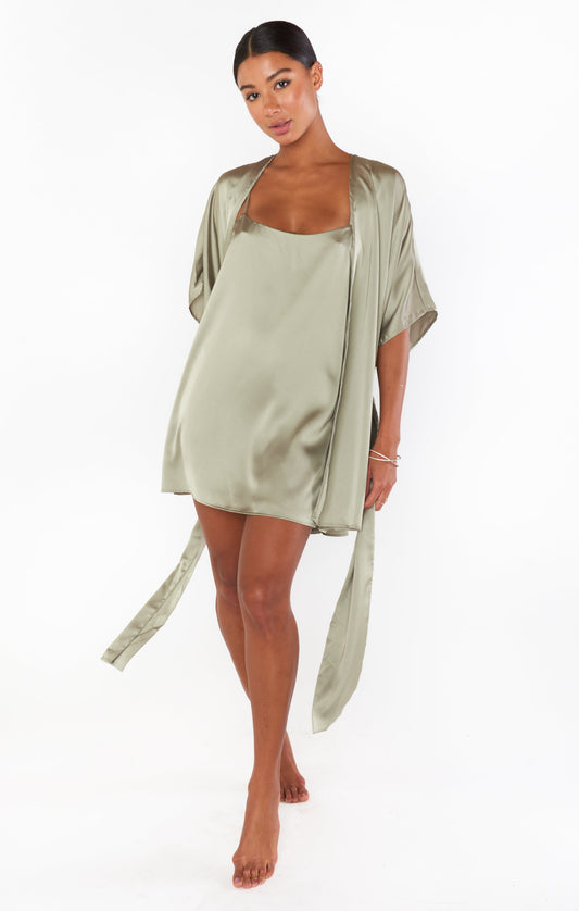 First Look Robe ~ Moss Green Luxe Satin