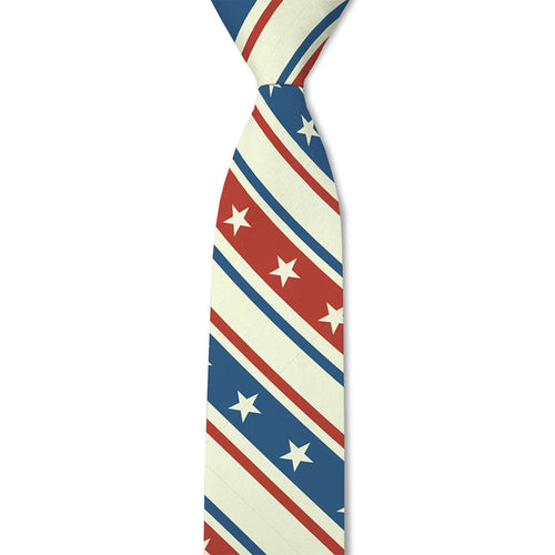 Narrow tie with red, white, and blue striped pattern on a white background