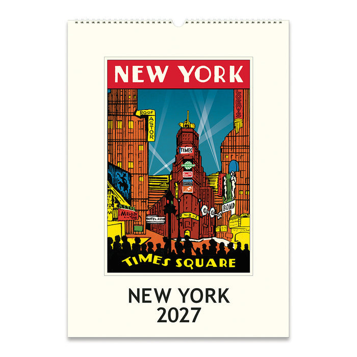 A New York Times Square 2027 wall calendar or art print featuring a colorful illustrated Times Square scene with the words 'NEW YORK' and 'TIME'S SQUARE,' plus 'NEW YORK 2027' printed below on an off-white background.