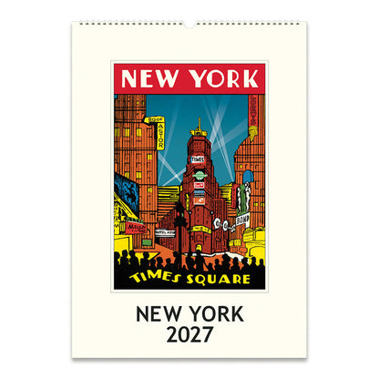 A New York Times Square 2027 wall calendar or art print featuring a colorful illustrated Times Square scene with the words 'NEW YORK' and 'TIME'S SQUARE,' plus 'NEW YORK 2027' printed below on an off-white background.