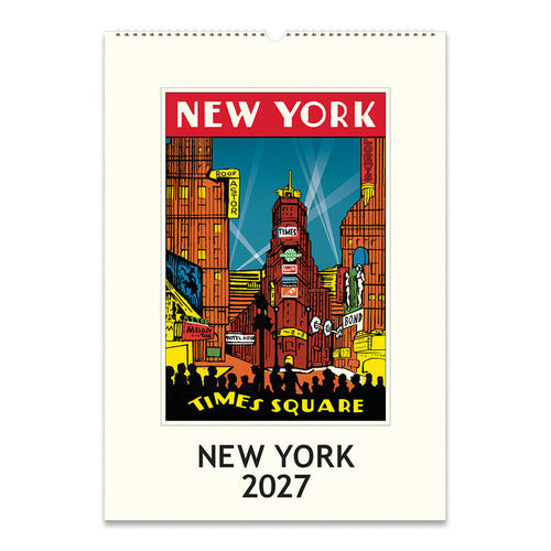 A New York Times Square 2027 wall calendar or art print featuring a colorful illustrated Times Square scene with the words 'NEW YORK' and 'TIME'S SQUARE,' plus 'NEW YORK 2027' printed below on an off-white background.