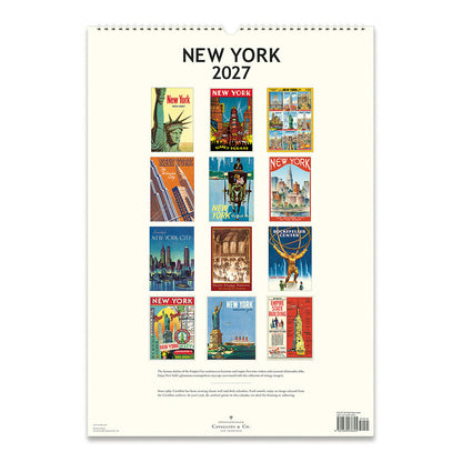 A spiral-bound 2027 New York wall calendar page shown flat against a white background, featuring a grid of vintage-style New York travel poster illustrations and the title 'NEW YORK 2027' at the top.