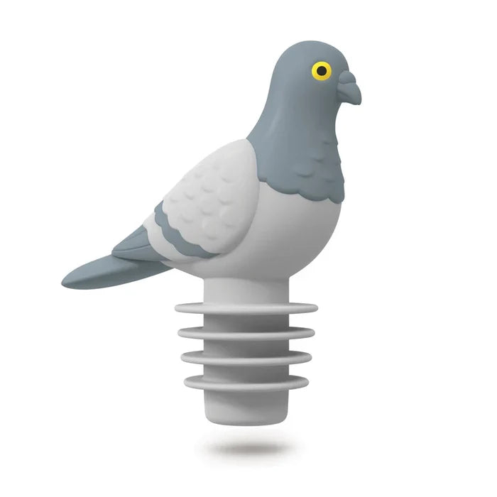Gray pigeon-shaped bottle stopper on a white background