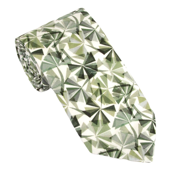 Green and white patterned tie on a white background