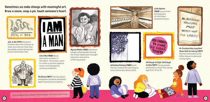 Illustrated book page with various artworks and text, featuring a diverse group of people.