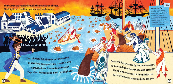 Illustrated book page with historical scene of colonists and ships, featuring text and graphics.