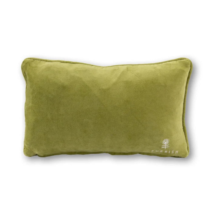 Green velvet back of pillow with a brand logo on a white background