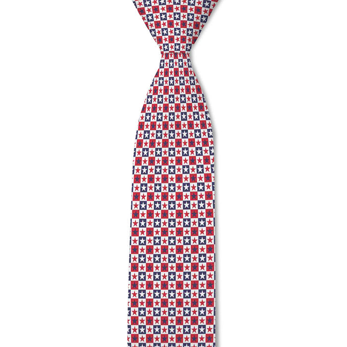 Tie with a red, white, and blue star pattern on a white background