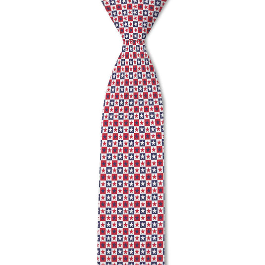 Tie with a red, white, and blue star pattern on a white background